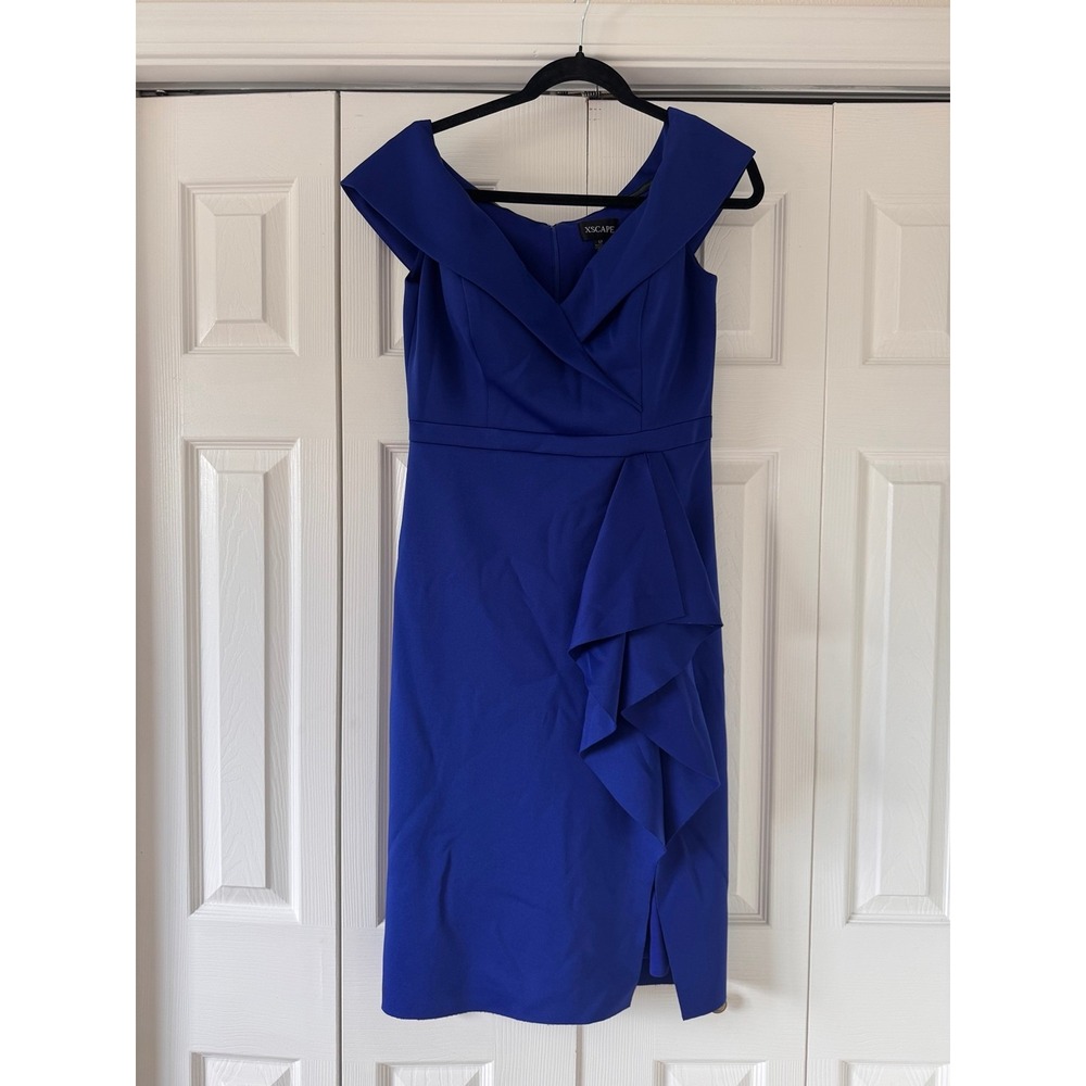 Xscape Royal Blue Ruffle Cocktail Dress Size 12 Off Shoulder Formal Party